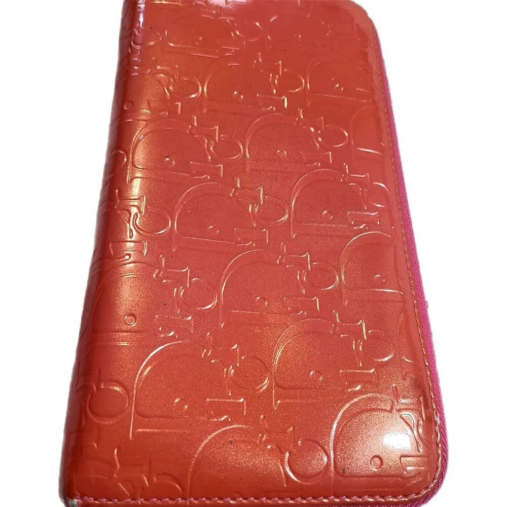 Christian Dior Coral Patent Leather Continental Zippy Wallet Ultimate Voyager